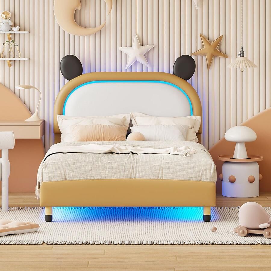 KOMHTOM Kinderbed gestoffeerd bed 140x200 cm PU leer tweekleurig met LED verlichting geelbruin