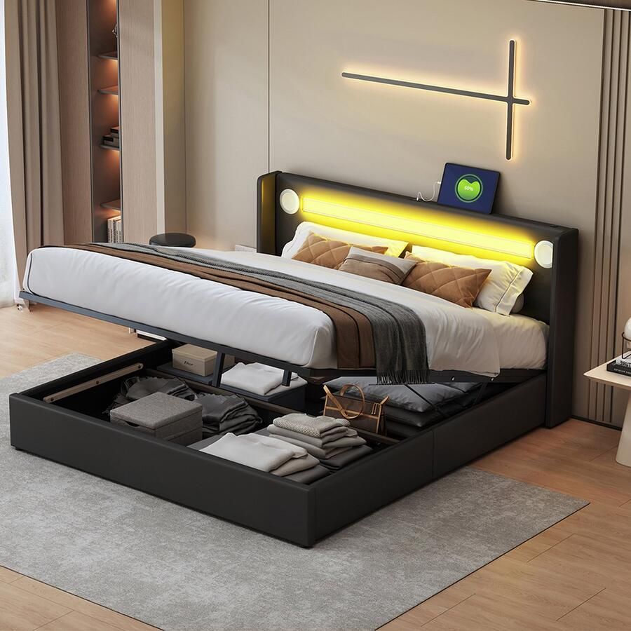 KOMHTOM Kinderbed Gestoffeerd bed 160x200 Bed met LED-lichtbalk Bluetooth-speler en USB-oplader PU-leren opbergbed