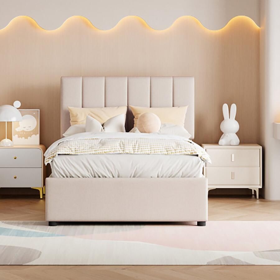 KOMHTOM Kinderbed gestoffeerd bed 90x200 cm opbergbed huidvriendelijk linnen hoogslaper beige