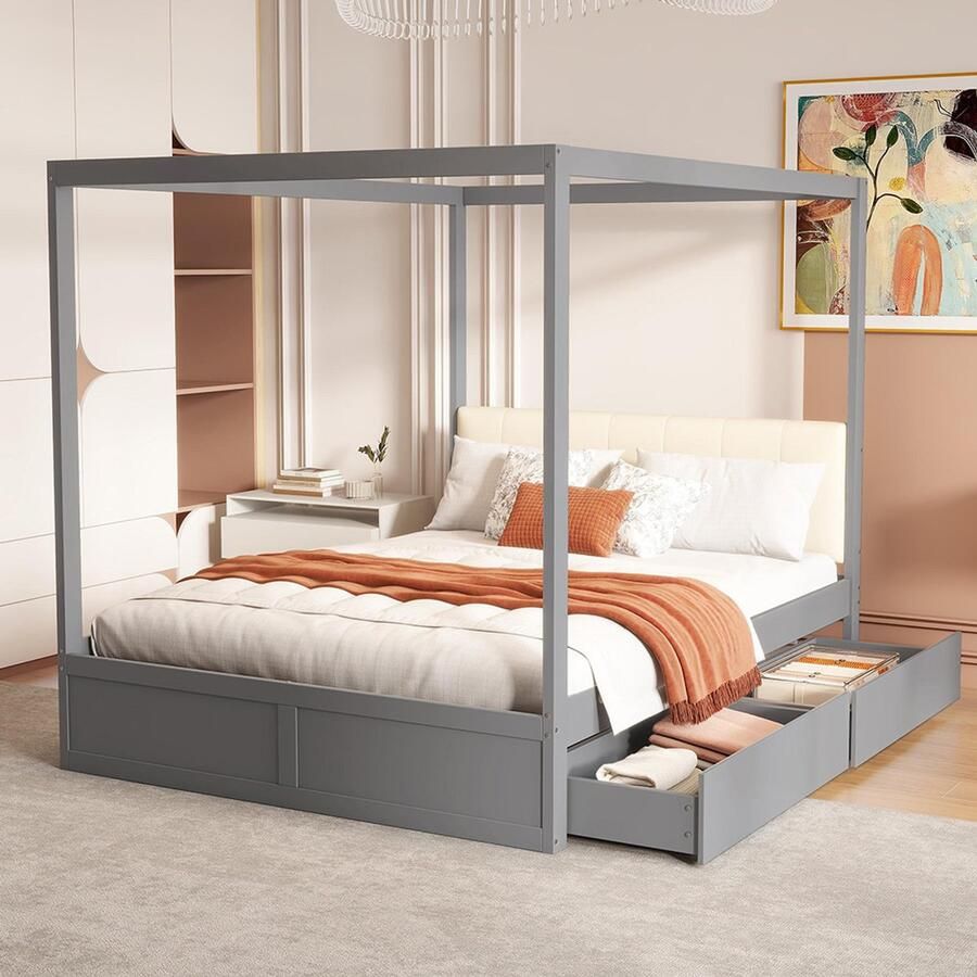 KOMHTOM Kinderbed Hemelbed Dubbel bed 140x200 cm met grote lades en zachte rugleuning houten bed grijs