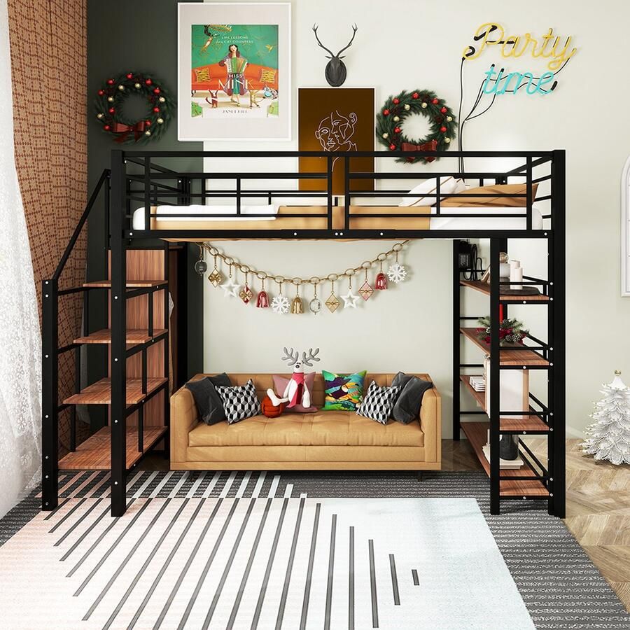 KOMHTOM Kinderbed Hoogslaper 90x200 met veiligheidstrap opbergruimte en kleine kleerkast zwart