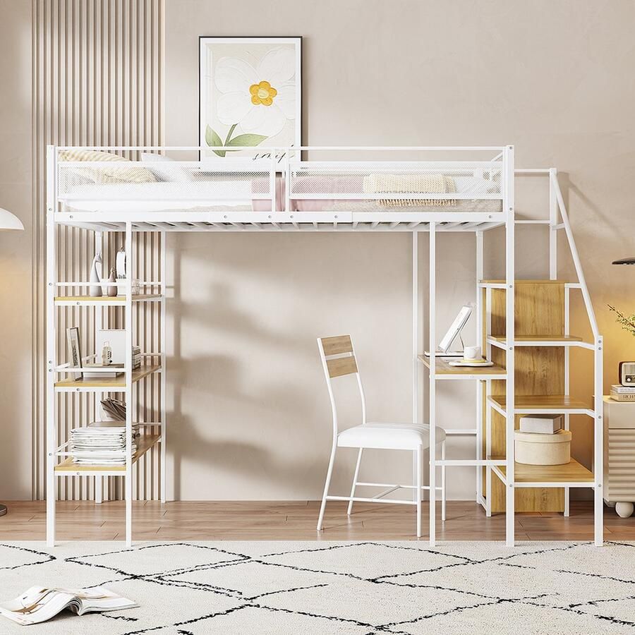 KOMHTOM Kinderbed Hoogslaper bed 90 x 200 cm met drielaagse plank bureau kledingkast veiligheidstrap opbergruimte hoog hekwerk ijzeren Wit