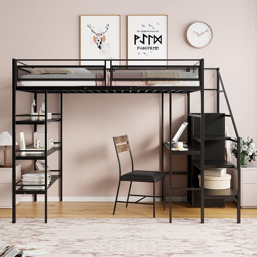 KOMHTOM Kinderbed Hoogslaper bed 90 x 200 cm met drielaagse plank bureau kledingkast veiligheidstrap opbergruimte hoog hekwerk ijzeren Zwart