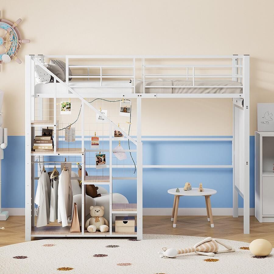 KOMHTOM Kinderbed Hoogslaper met veiligheidsladder 90x200 cm met opbergvlak Eenpersoonsbed wit