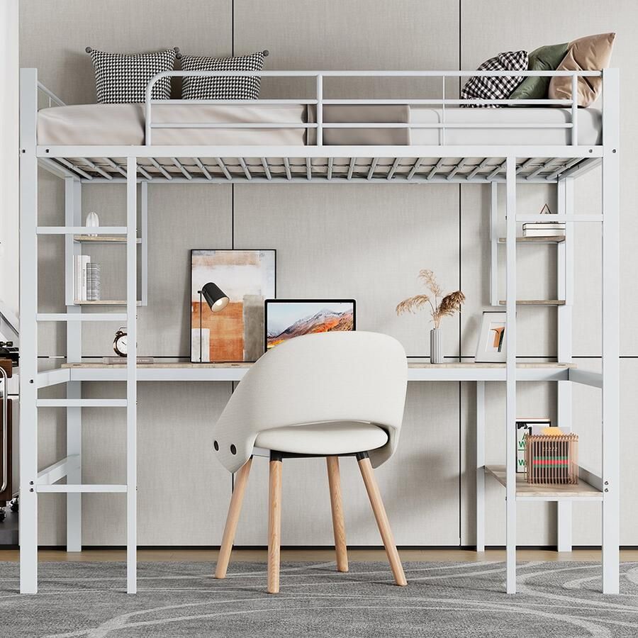 KOMHTOM Kinderbed Hoogslapers 90x200 cm met bureau Vier planken en een Grote boekenplank Metaal Wit