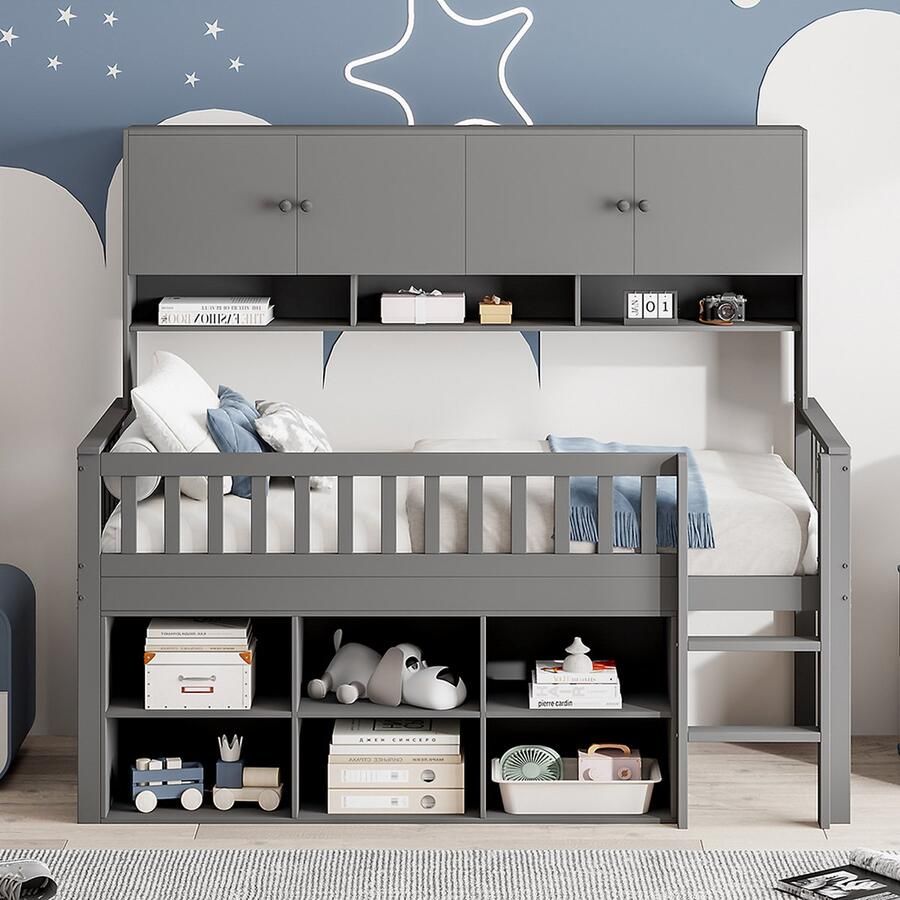 KOMHTOM Kinderbed Hoogslapers 90x200 met Opbergvak Kastjes en veiligheidsladder Grijs