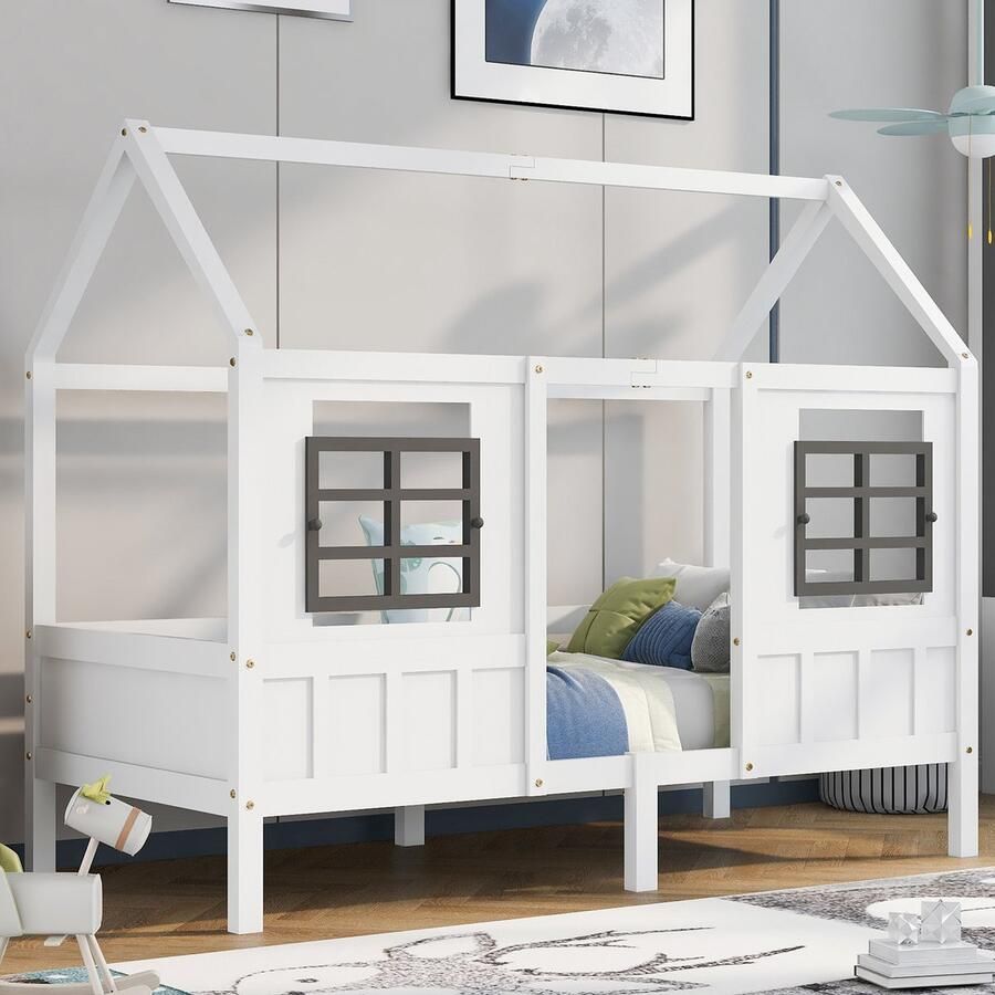 KOMHTOM Kinderbed Kajuitbed 200x90 cm Eenpersoonsbed met 2 ramen frame van grenen MDF wit