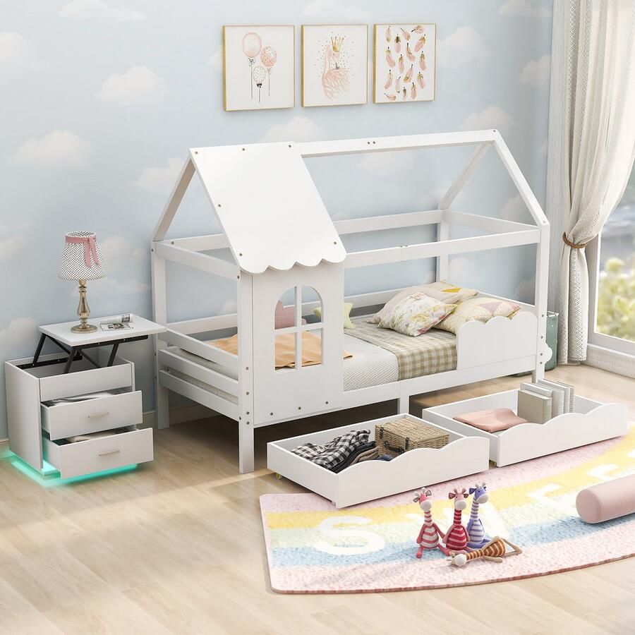 KOMHTOM Kinderbed Kajuitbed 200x90 cm met valbescherming houten laden voor jongens en meisjes Wit