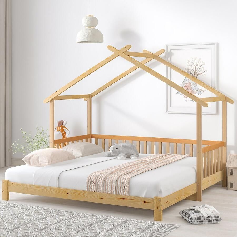 KOMHTOM Kinderbed Kajuitbed 200x90 cm Uitschuifbaar kajuitbed Thuisbed Naturel