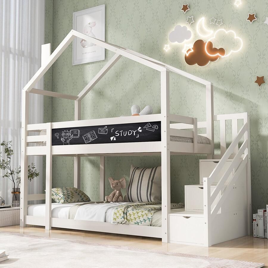 KOMHTOM Kinderbed Kajuitbed 90x200 cm bed in de bomen met schoorsteen en bescherming verhoogd met plank 2x lattenbodem Wit