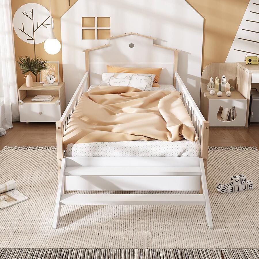 KOMHTOM Kinderbed Kajuitbed 90x200 cm Eenpersoonsbed met omvalbeveiliging en rooster met zijladder Wit + Natuurlijk