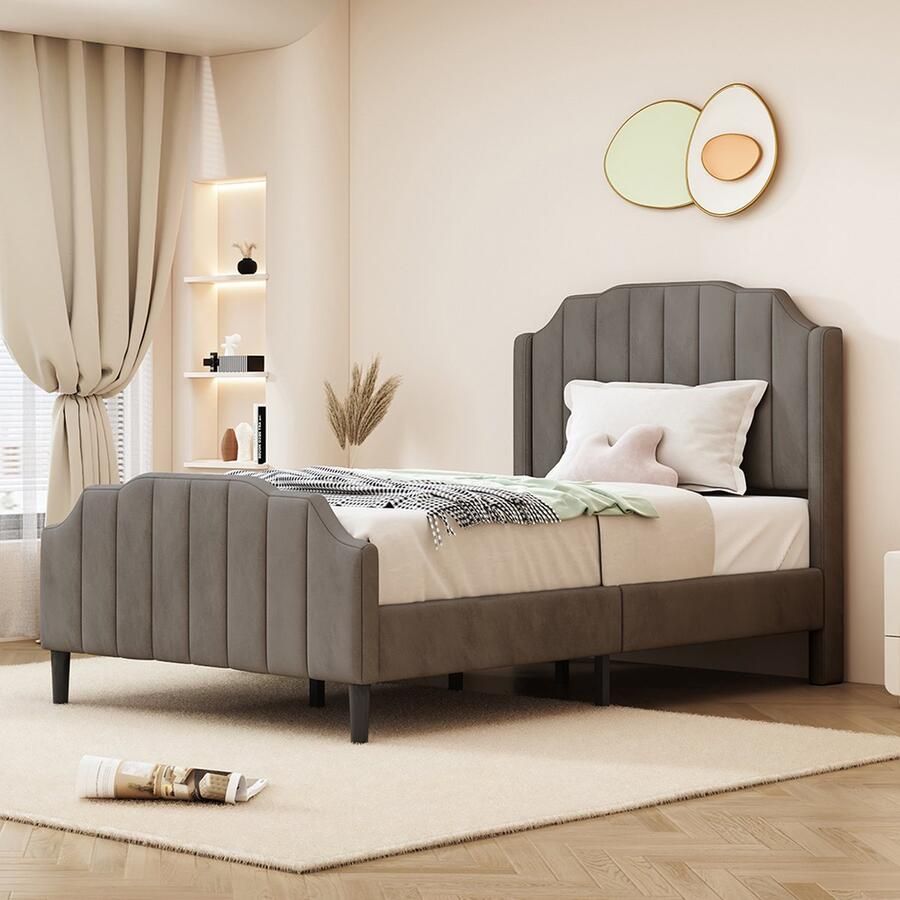 KOMHTOM Kinderbed Kajuitbed 90x200 cm Gestoffeerd bed met hoofdeinde gestoffeerd extra bed fluweel grijs