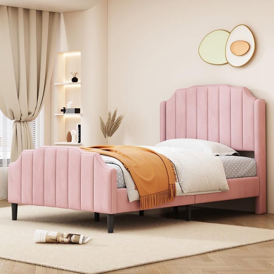 KOMHTOM Kinderbed Kajuitbed 90x200 cm Gestoffeerd bed met hoofdeinde gestoffeerd extra bed fluweel roze - Foto 2