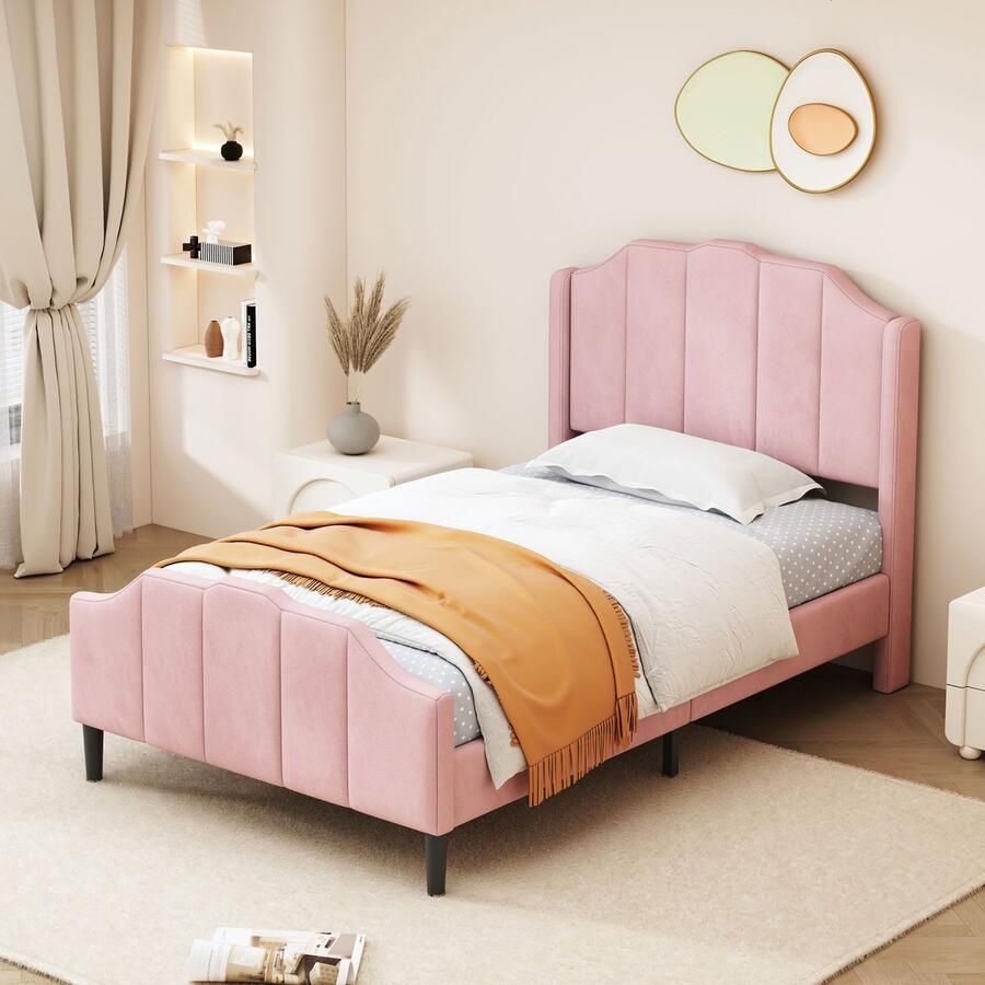 KOMHTOM Kinderbed Kajuitbed 90x200 cm Gestoffeerd bed met hoofdeinde gestoffeerd extra bed fluweel roze