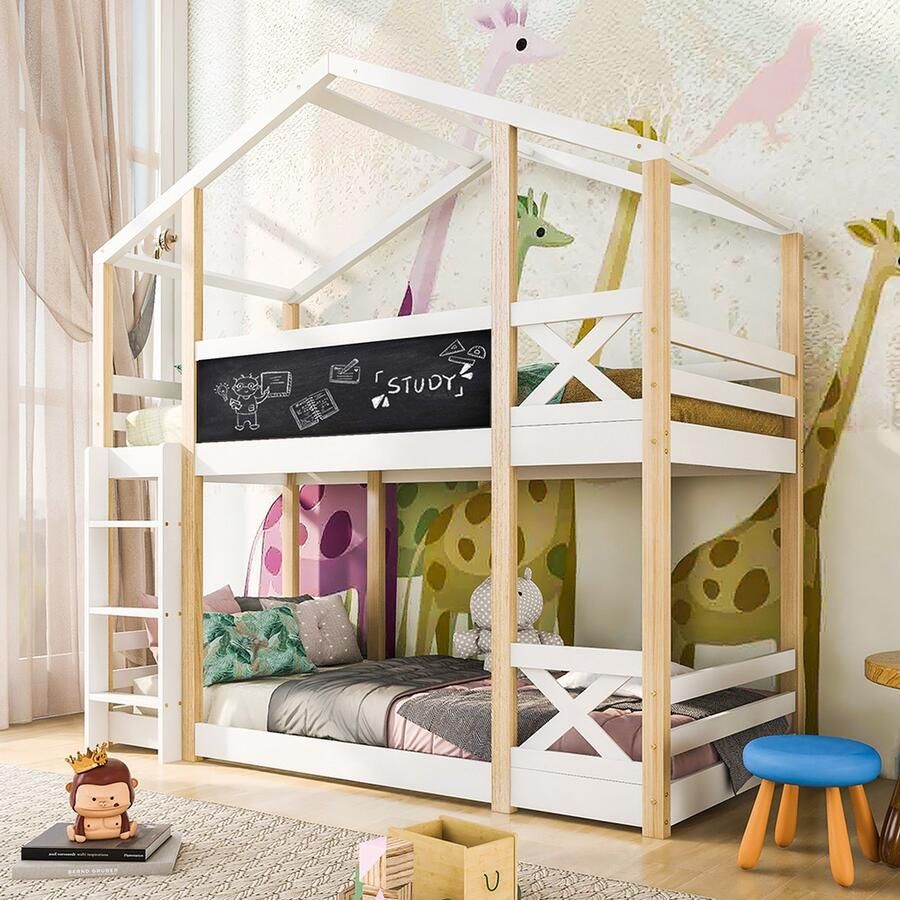 KOMHTOM Kinderbed Kajuitbed 90x200 cm met ladder Verhoogd bed 2x lattenbodem Wit