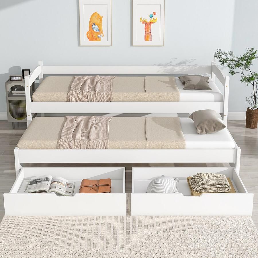 KOMHTOM Kinderbed Kajuitbed Eenpersoonsbed met wielen onderaan 2 laden wit 200x90cm 190x90cm