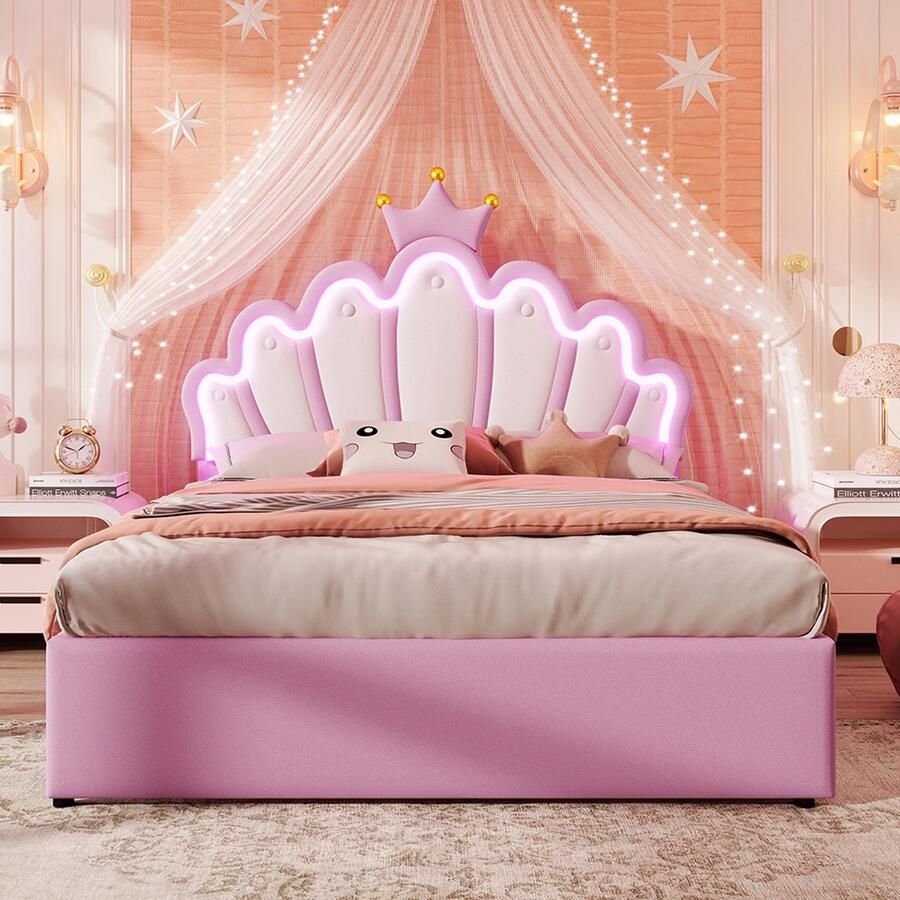 KOMHTOM Kinderbed met 2 lades Dubbel bed 140x200 cm afstandsbedienbare sfeerverlichting prinsessenbed in kroonvorm verstelbare hoofdeinde PU roze