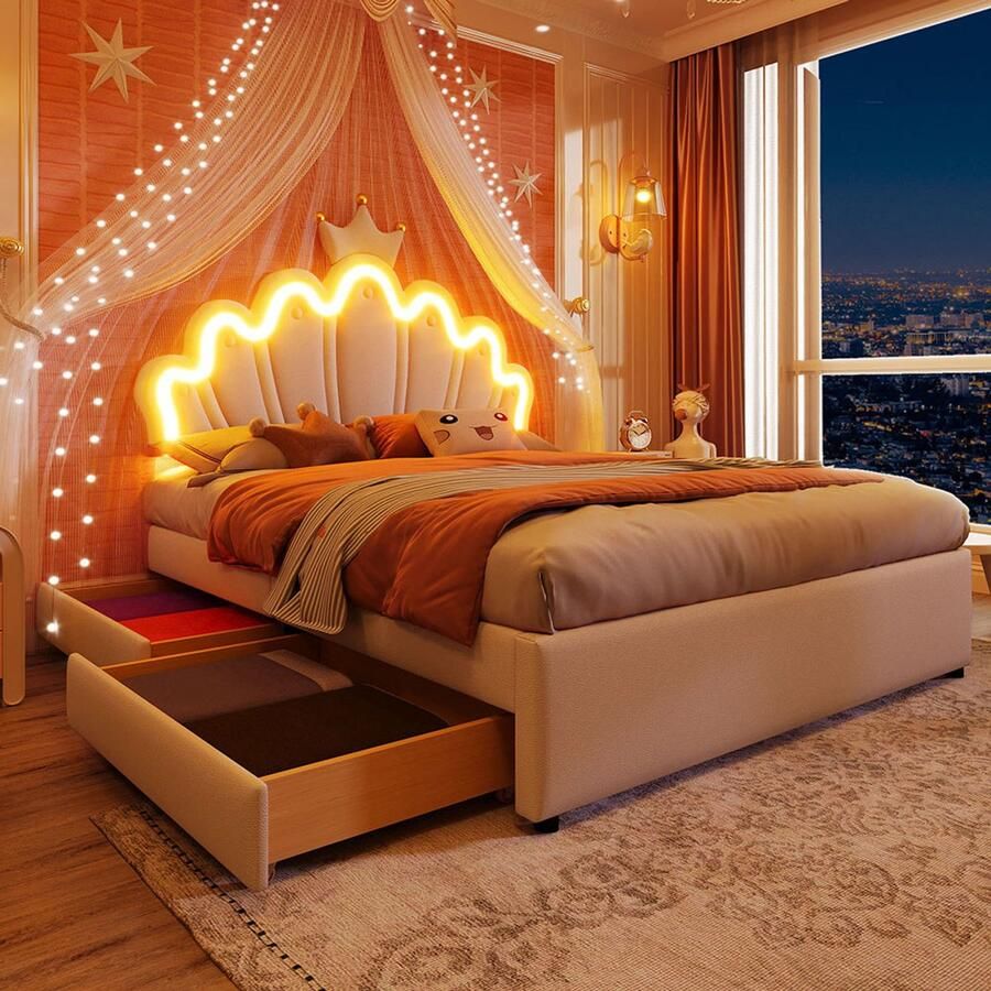 KOMHTOM Kinderbed met 2 lades Dubbel bed 140x200 cm afstandsbedienbare sfeerverlichting prinsessenbed in kroonvorm verstelbare hoofdeinde PU wit