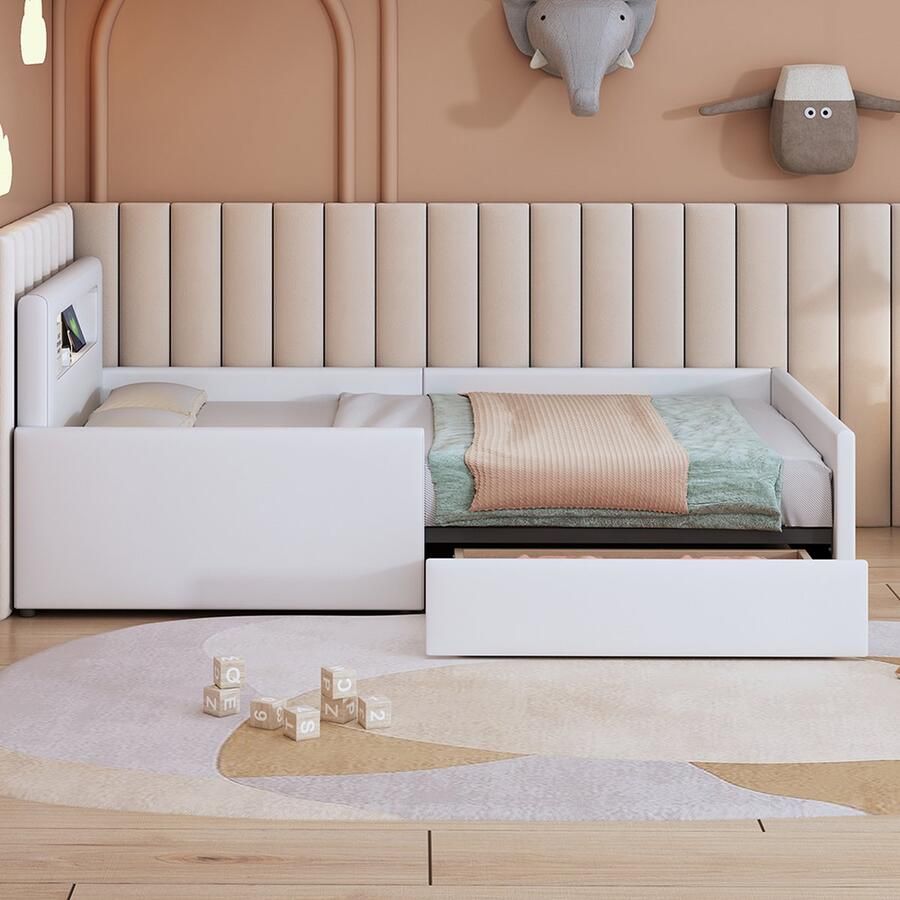 KOMHTOM Kinderbed met Lade 90 x 200 cm met nachtlampje USB-aansluiting opbergvak verhoogde zijhek voor veiligheid Wit