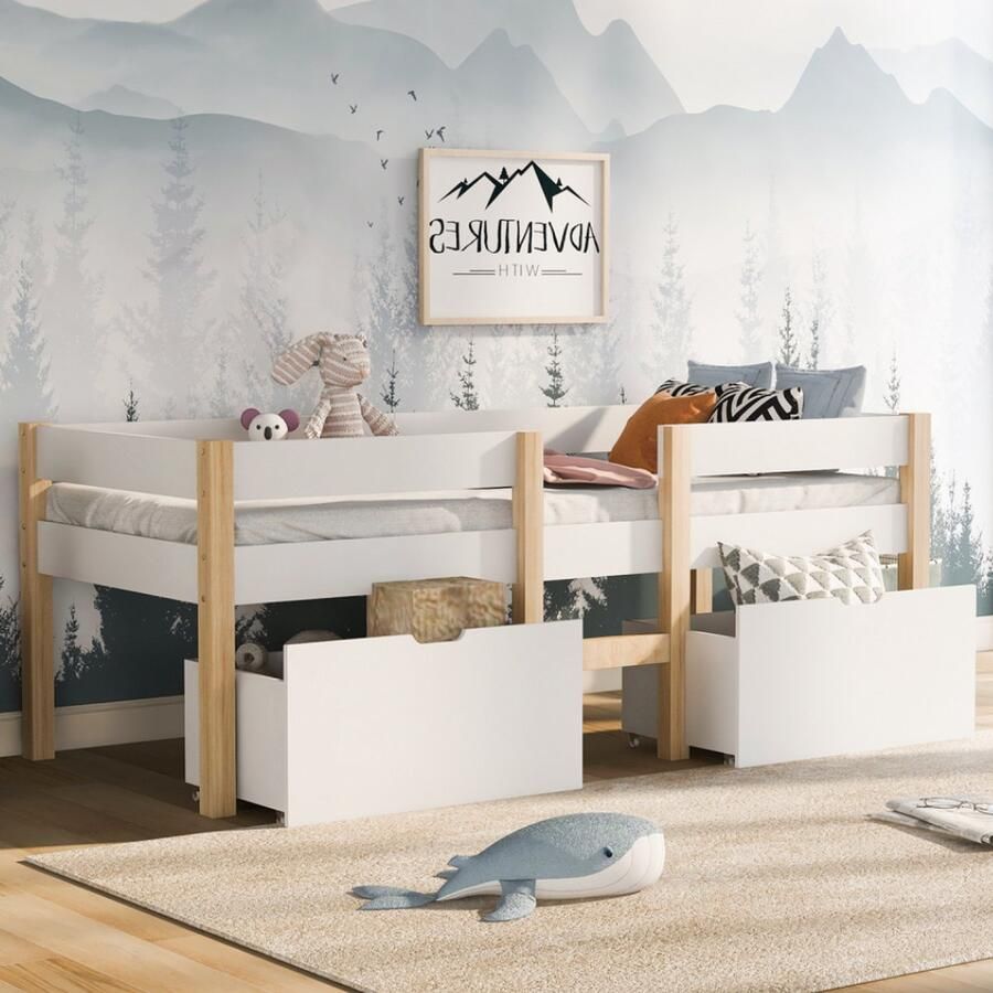 KOMHTOM Kinderbed met valbescherming massief grenen 90x200 cm wit & eiken 2 Bedlade