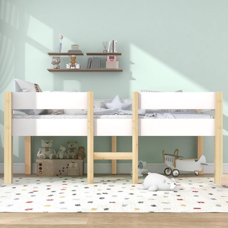 KOMHTOM Kinderbed met valbescherming massief grenen 90x200 cm wit & eiken