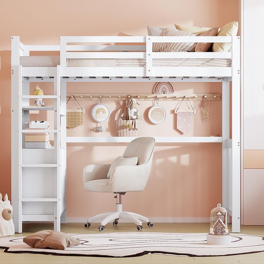 KOMHTOM Kinderbed Mezzanine bed 90 x 200 cm Verticale veiligheidsladder Laden en planken Design hoog hek Hout Wit