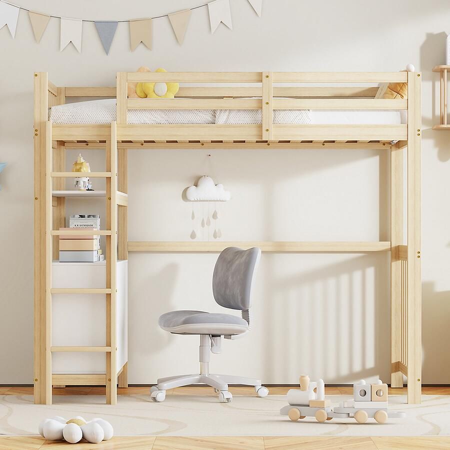 KOMHTOM Kinderbed Mezzanine bed 90 x 200 cm Verticale veiligheidsladder Laden en planken Design hoog hek Hout natuurlijk
