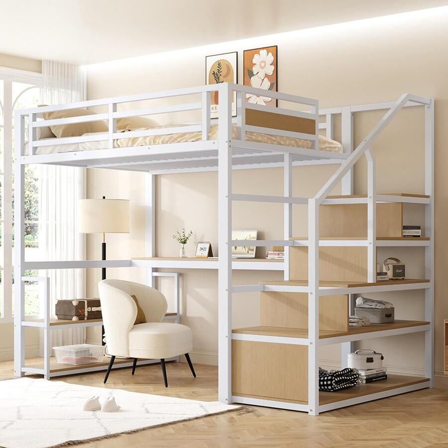 KOMHTOM Kinderbed Mezzaninebed in metaal 140x200 cm met opberg ladder planken en tafel ontwerp veiligheidshek voor stabiele ondersteuning wit