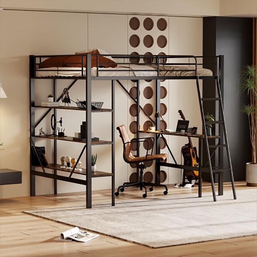 KOMHTOM Kinderbed Stapelbed 90x200cm met bureau en drie grote planken zwart