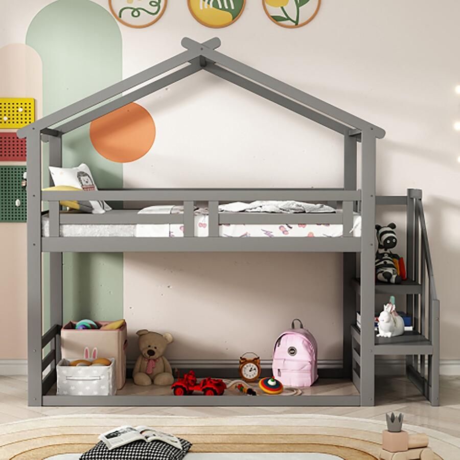 KOMHTOM Kinderbed Stapelbed 90x200cm met veiligheidstrap massief houten met grijs