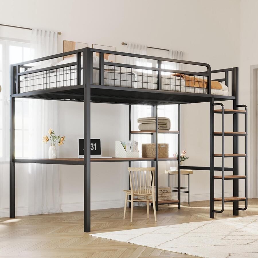 KOMHTOM Kinderbed Stapelbed dubbel 140x200 cm veiligheidsladder met trap tafel en plank metalen gaasveiligheidshek zwart