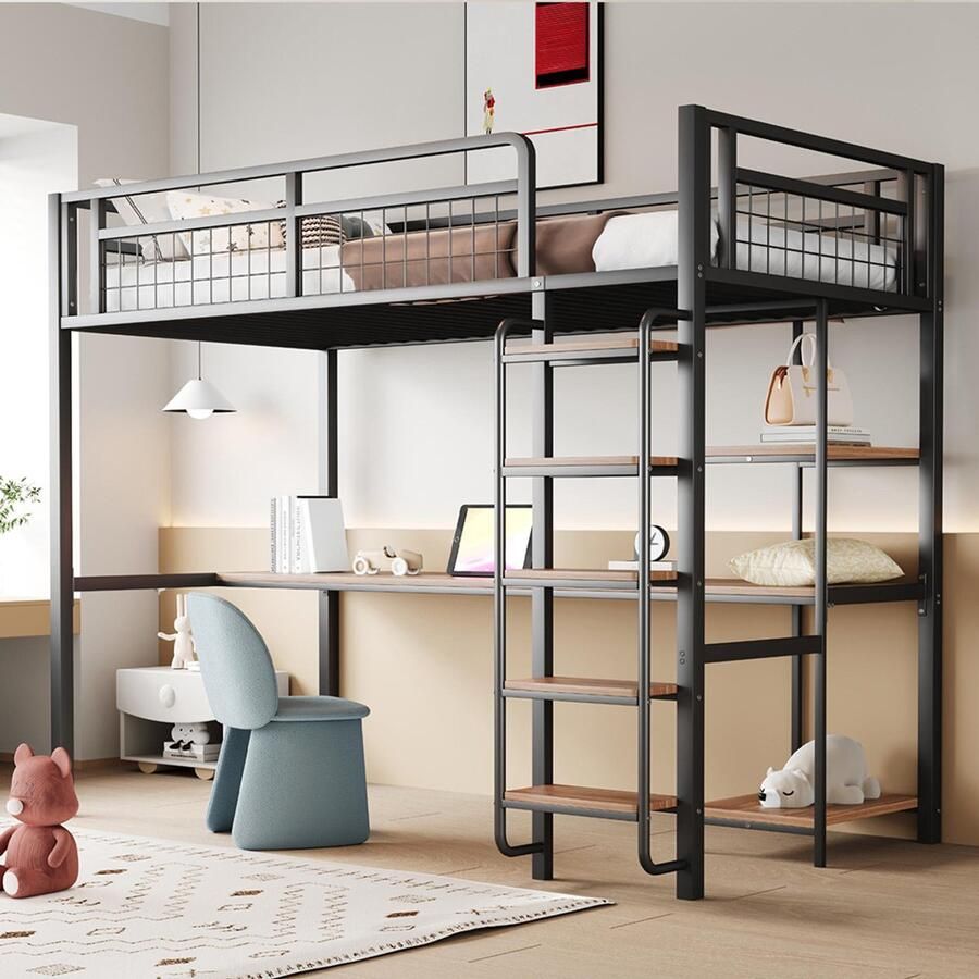 KOMHTOM Kinderbed Stapelbed enkel 90x200 cm veiligheidsladder met trap tafel en plank metalen gaasveiligheidshek zwart