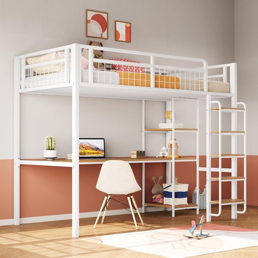 KOMHTOM Kinderbed Stapelbed enkel 90x200 cm veiligheidsladder met trap tafel en plank metalen gaasveiligheidshek wit