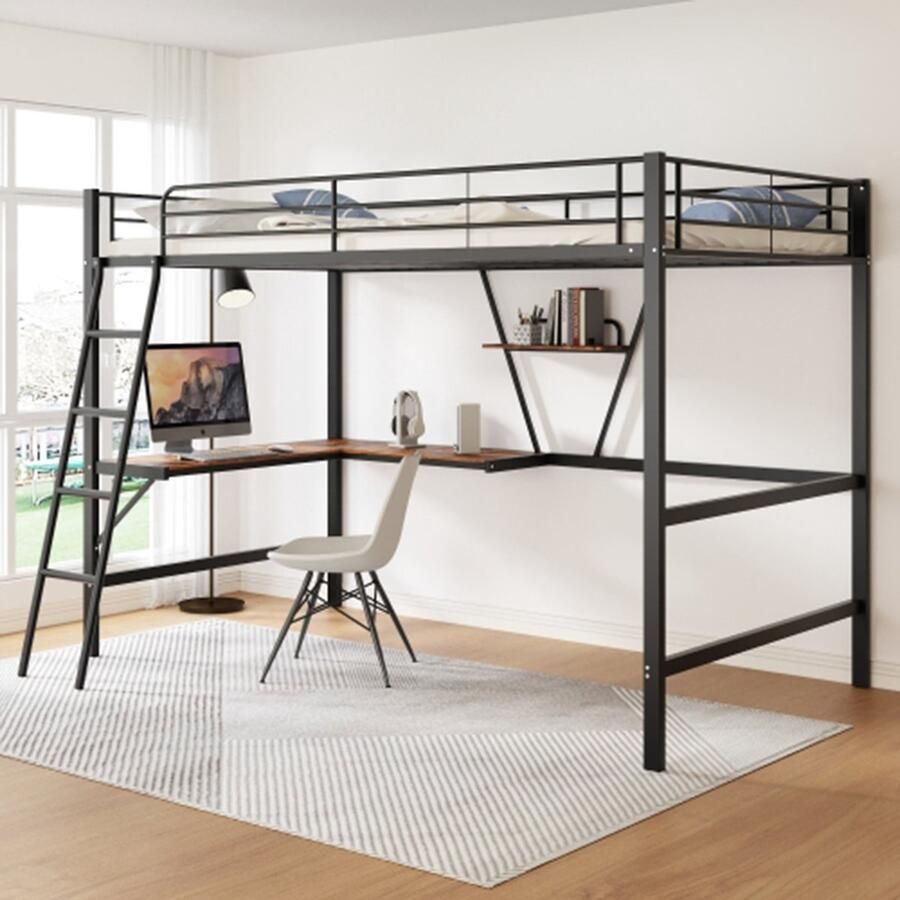 KOMHTOM Kinderbed Stapelbed Jeugdbed 90x200cm Metalen bed met L-vormig bureau en zwarte boekenplank