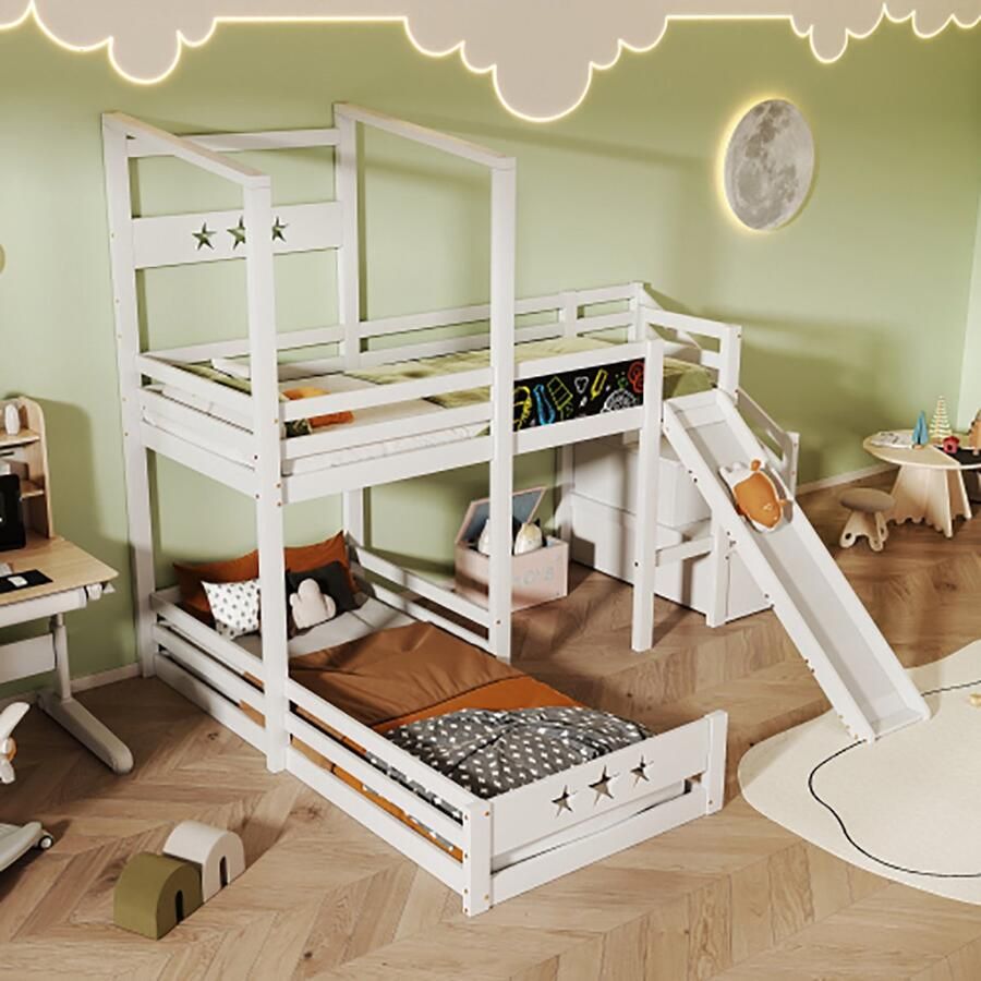 KOMHTOM Kinderbed Stapelbed met plank en glijbaan Eenpersoonsbed 90x200 cm met valbescherming Kinderbed 2x lattenbodem wit