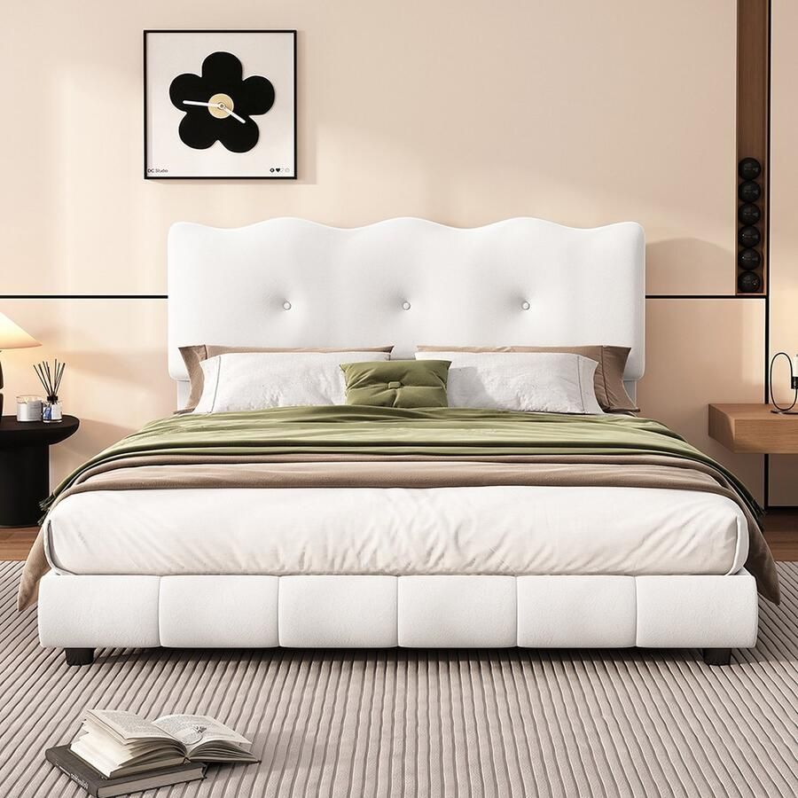 KOMHTOM Kinderbed Tweepersoonsbed 140 x 200 cm met golven en wolken Verstelbaar hoofdbord Fluweel Wit