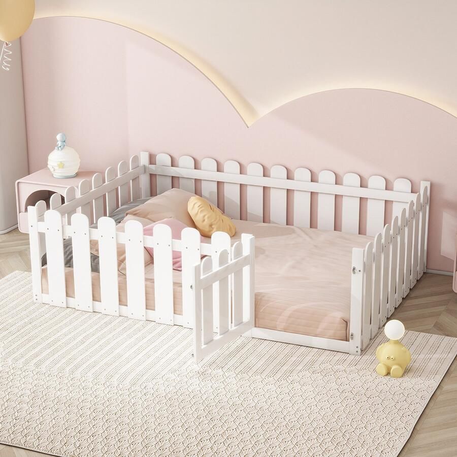 KOMHTOM Kinderbed Tweepersoonsbed 140 x 200 cm met houten frame en deur Wit