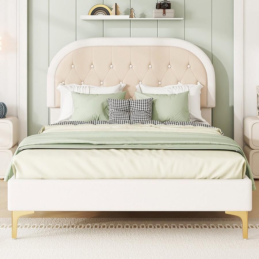 KOMHTOM Kinderbed Tweepersoonsbed 140 x 200 cm Metalen poten Gebogen hoofdeinde Fluweel Beige