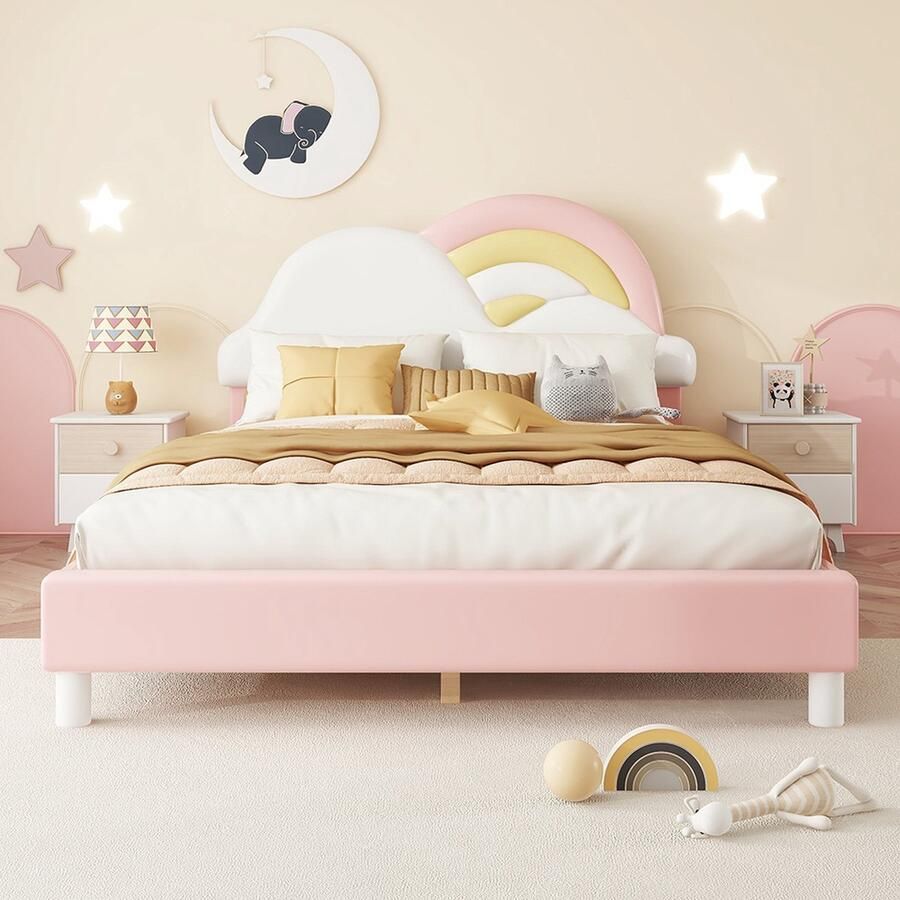 KOMHTOM Kinderbed Tweepersoonsbed 140 x 200 cm Regenboogvorm Wolken Hout Lattenbodem PU Roze