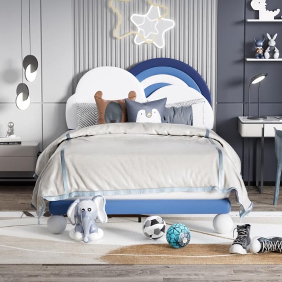 KOMHTOM Kinderbed Tweepersoonsbed 140x200 cm en in hoogte verstelbaar hoofdeinde voor jongeren PU blauw