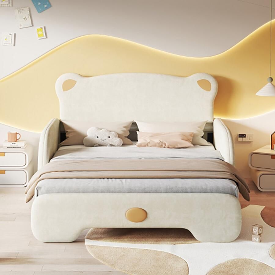 KOMHTOM Kinderbed Tweepersoonsbed 140x200 cm Slaapbed met zachte beschermranden Beige fluweel