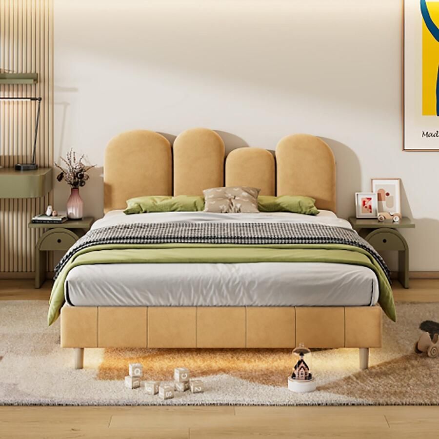 KOMHTOM Kinderbed Tweepersoonsbed 140x200 cm Tienerbed met LED-lichtlijst met houten latten Khaki