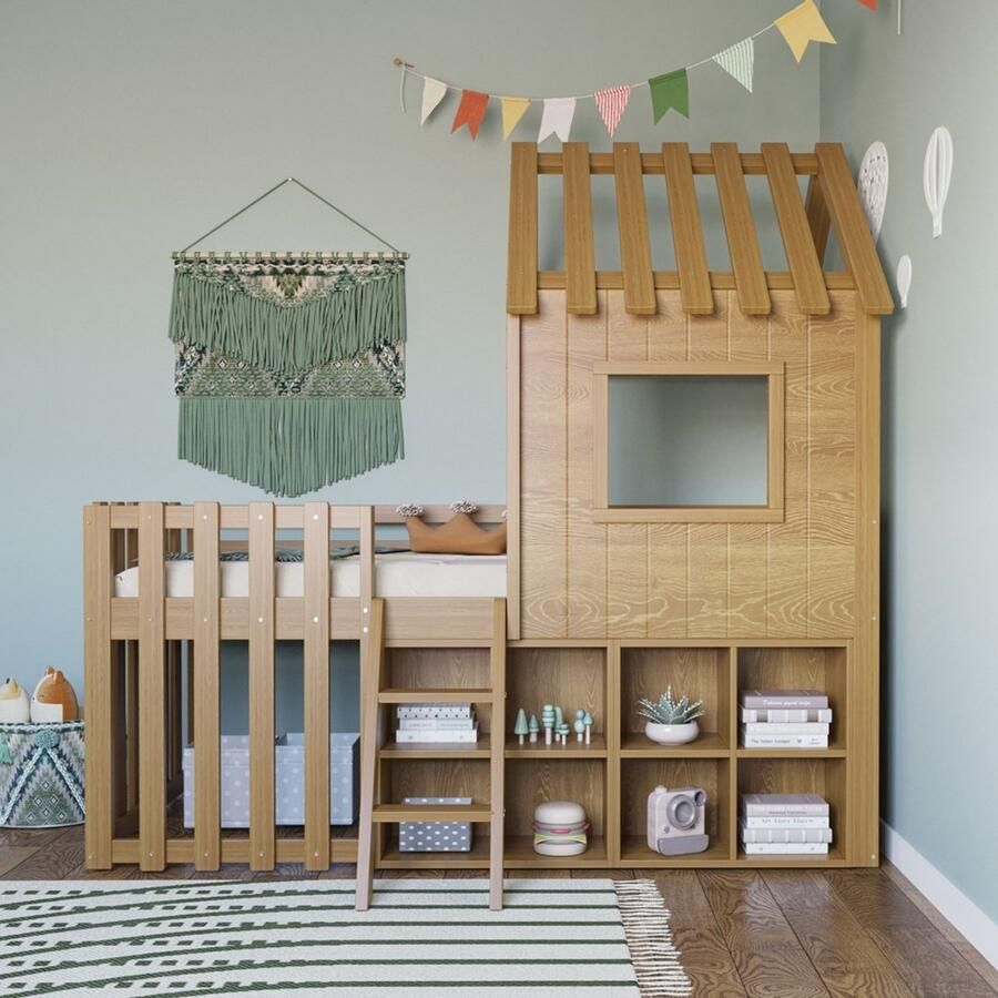KOMHTOM Kinderhuisbed 90x200 met dak en raam met open opbergruimte met ladder stapelbed voor kinderen van massief hout zonder matras houtkleur