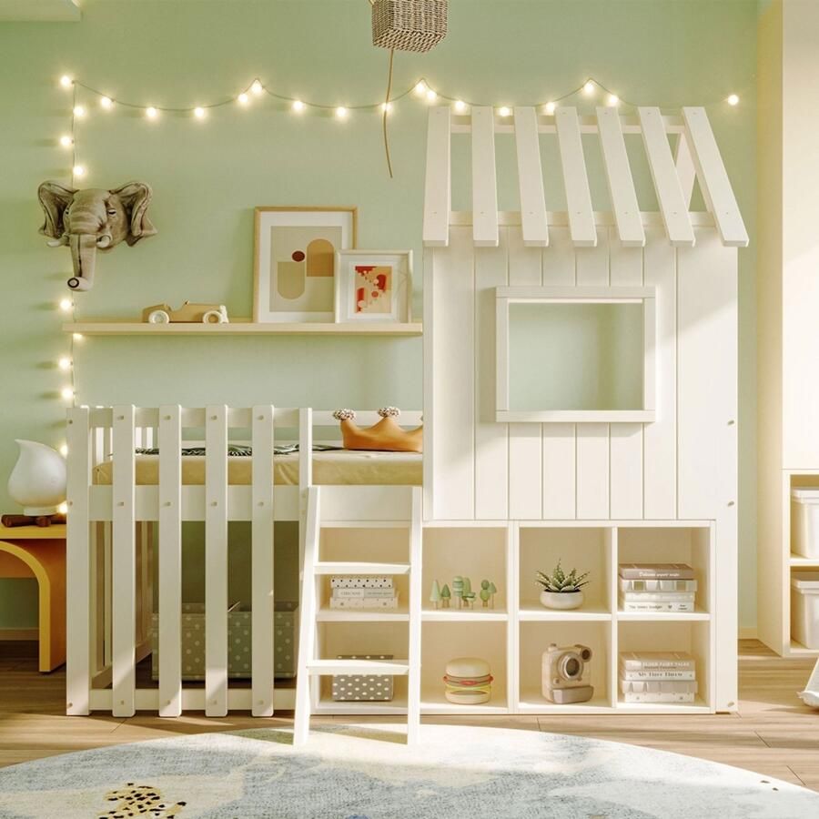 Pugsdrly Kinderhuisbed 90x200 met dak en raam met open opbergruimte met ladder stapelbed voor kinderen van massief hout zonder matras wit