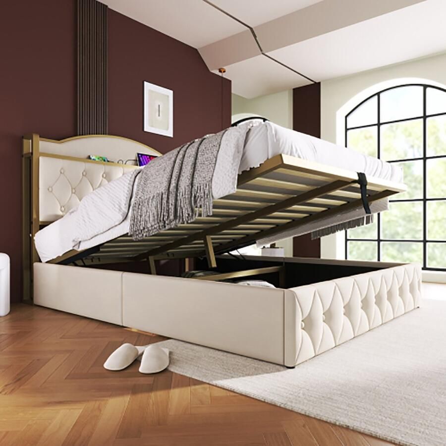 KOMHTOM Kofferbed 140x200 cm Tweepersoonsbed Bed voor volwassenen Gestoffeerd bed met USB-oplaadfunctie Type C beige Met matras