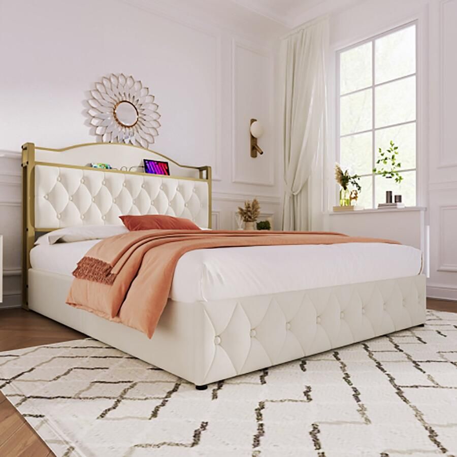 KOMHTOM Kofferbed 160x200 cm Tweepersoonsbed Bed voor volwassenen Gestoffeerd bed met USB-oplaadfunctie Type C beige