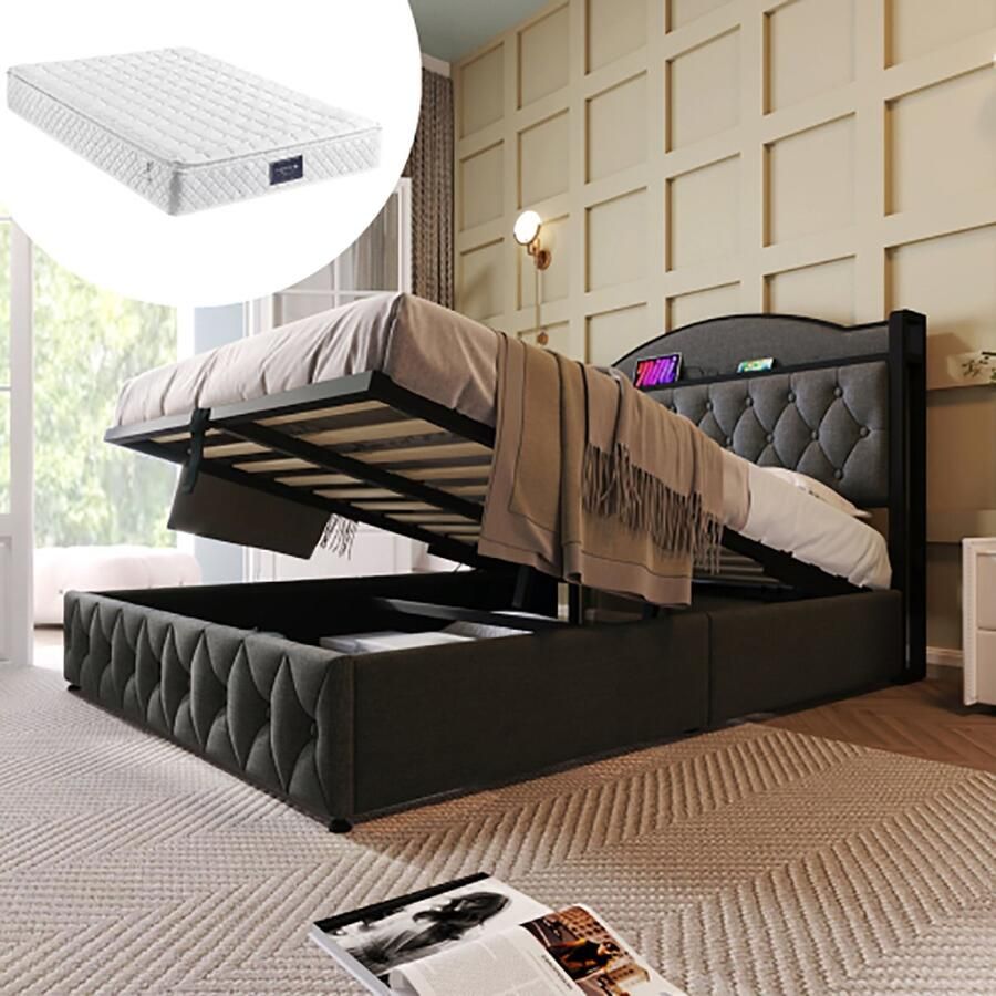 KOMHTOM Kofferbed 160x200 cm Tweepersoonsbed Bed voor volwassenen Gestoffeerd bed met USB-oplaadfunctie Type C Grijs Met matras
