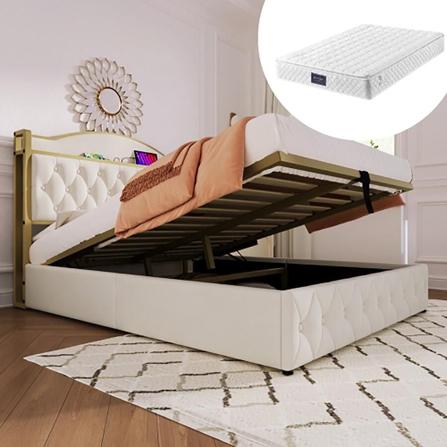 KOMHTOM Kofferbed 160x200 cm Tweepersoonsbed Bed voor volwassenen Gestoffeerd bed met USB-oplaadfunctie Type C beige Met matras