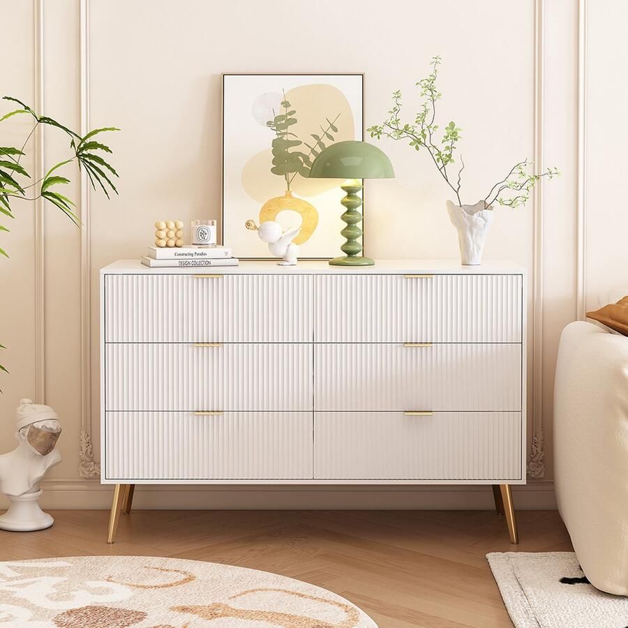 KOMHTOM Ladekasten Commode met gouden poten en handgrepen gelakte ladekast afgeronde hoeken 3 niveaus en 6 vakken wit