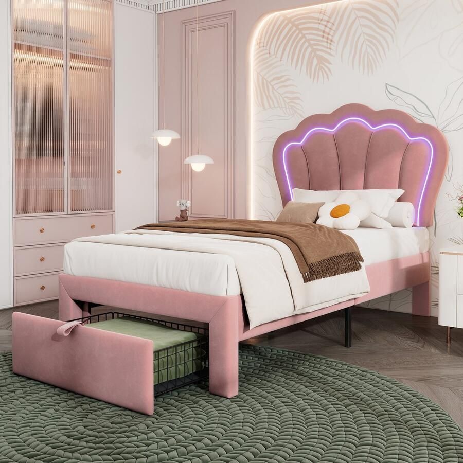 KOMHTOM LED-kinderbed Eenpersoonsbed 90x190 cm met laden APP-Control LED-bed Lattenbodem en verstelbare hoofdsteun Roze